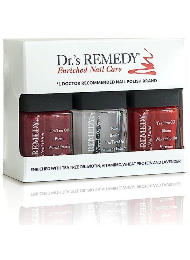 Dr.'s Remedy Dr's Remedy 3 Pack Nail Polish Kit, TOTAL Two-in-One Glaze/BALANCE Brick Red/REMEDY Red - Non Toxic and Organic All Natural Enriched Nail Strengthener  - Image 1