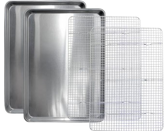 Commercial Quality 2 Pack Cookie Sheet and 2 Pack Rack - Aluminum Half Sheet Baking Pan and Stainless Steel Cooling Rack Set 13x18 Rust & Warp Resistant, Heavy Duty