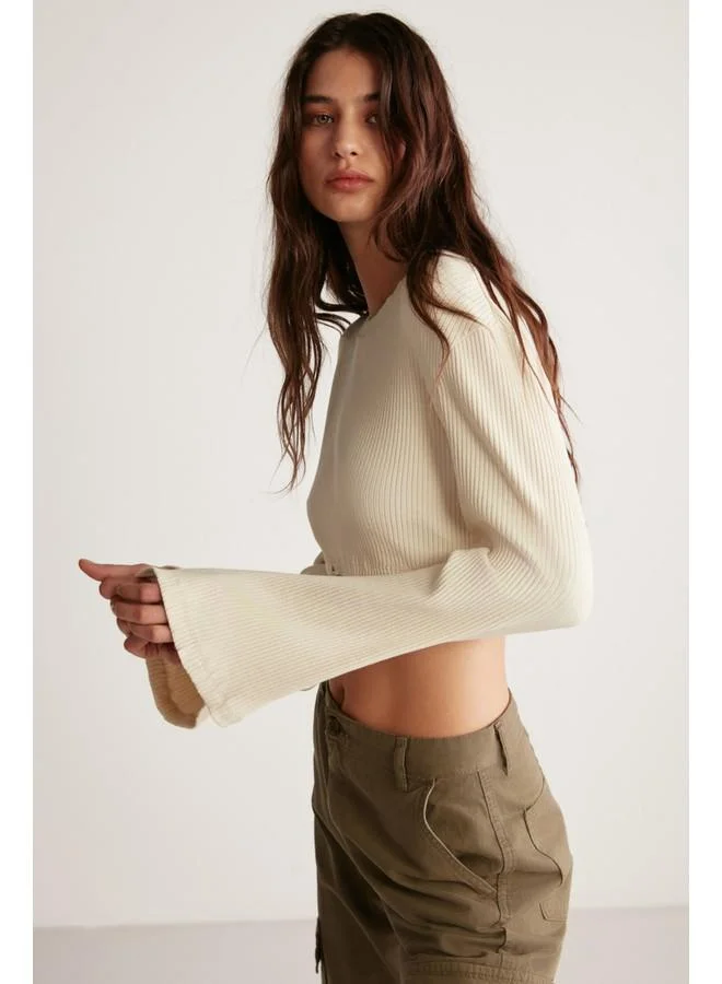 GRIMELANGE Grimelange Darlene Women's Ribbed Stretch Fabric Flare Sleeve Elastic Hem Stopper Crop Ecru Blouse