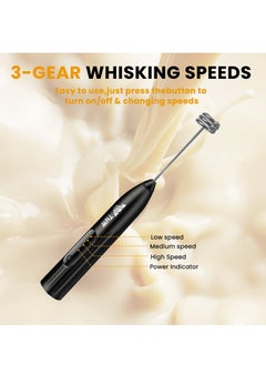 TNW Milk Frother, TNW Mini Handheld Electric Whisk Portable Coffee Frother with 2 Spring Whisks, 3-Speed, Rechargeable Foam Maker Beverage Mixer for Coffee, Latte, Matcha, Cappuccino and Hot Chocolates (Black)  - Image 3