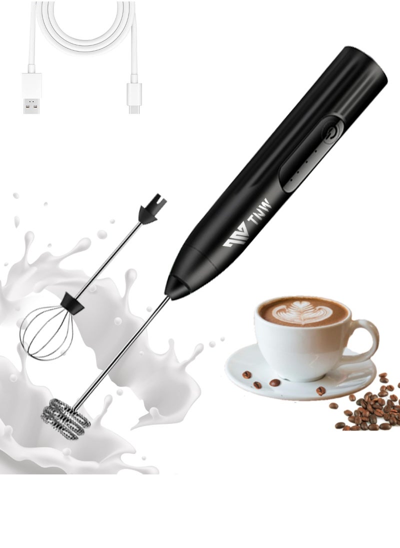 TNW - Milk Frother, TNW Mini Handheld Electric Whisk Portable Coffee Frother with 2 Spring Whisks, 3-Speed, Rechargeable Foam Maker Beverage Mixer for Coffee, Latte, Matcha, Cappuccino and Hot Chocolates (Black) - Image 1