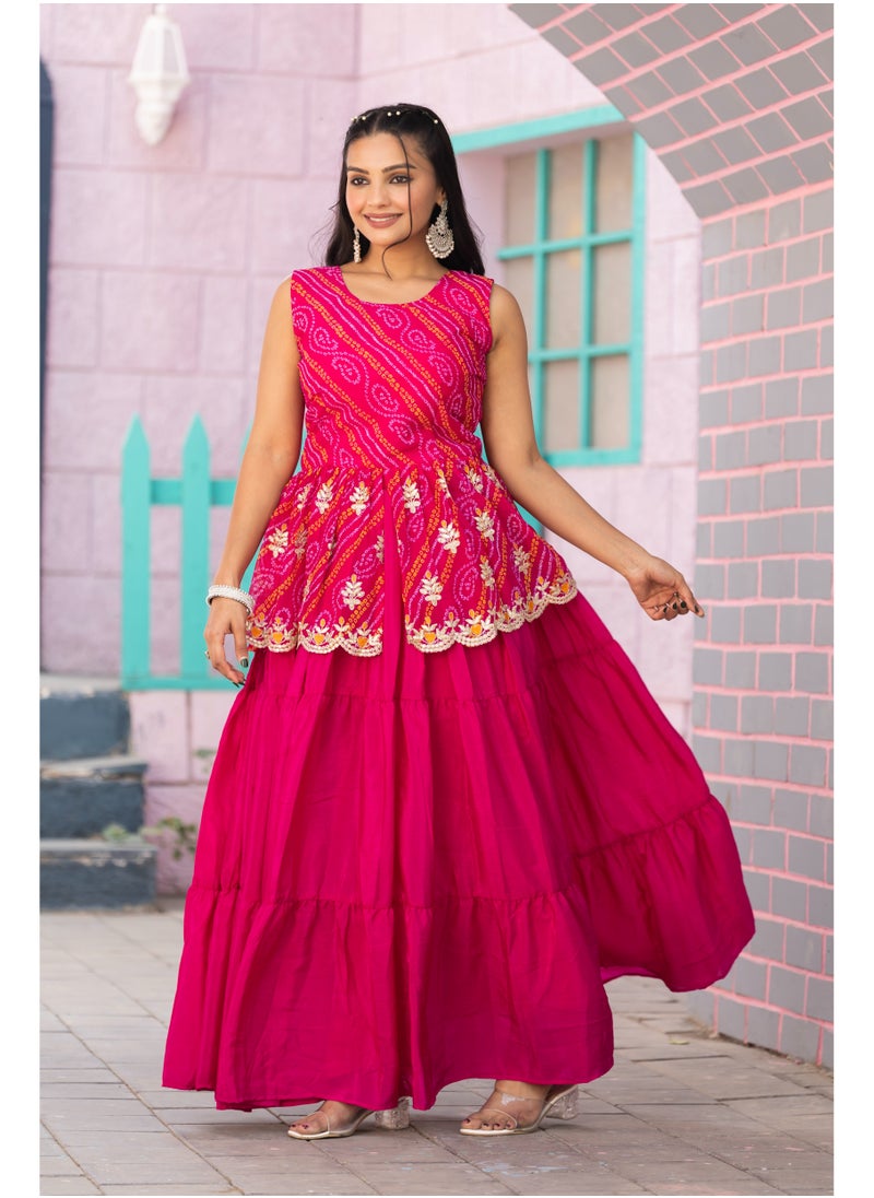 Super Asian "Bandhej Embroidered Crop Top, Lehenga & Jacket Set – Traditional Elegance Collection"  - Image 1