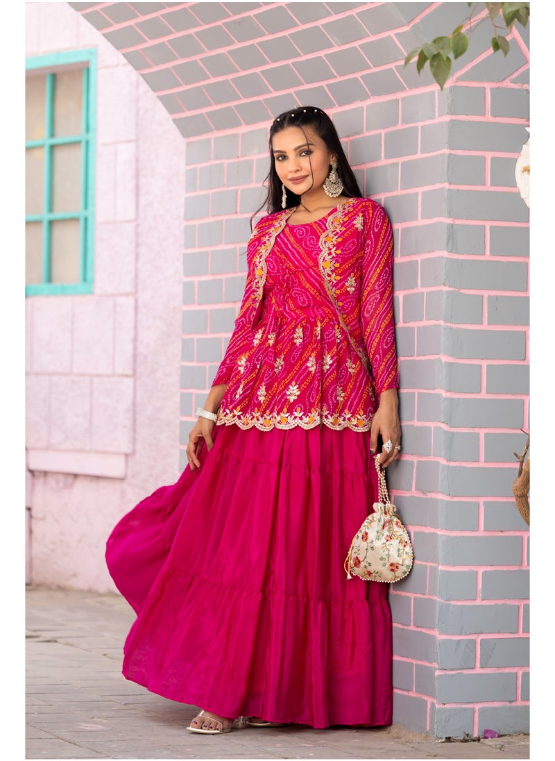 Super Asian "Bandhej Embroidered Crop Top, Lehenga & Jacket Set – Traditional Elegance Collection"  - Image 4