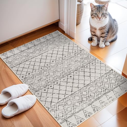 BYYVOO 2x3 Entryway Rug Washable Moroccan Small Area Rugs for Entryway Low Pile Indoor Mat Non Slip with Rubber Backing Thin Area Rug Pet Friendly for Front Door Kitchen Bedroom 2x3 Geo Grey - Image 1