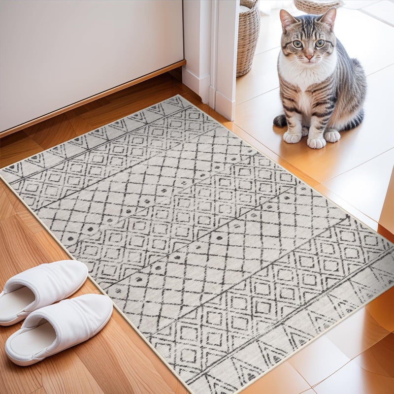 BYYVOO 2x3 Entryway Rug Washable Moroccan Small Area Rugs for Entryway Low Pile Indoor Mat Non Slip with Rubber Backing Thin Area Rug Pet Friendly for Front Door Kitchen Bedroom 2x3 Geo Grey - Image 2