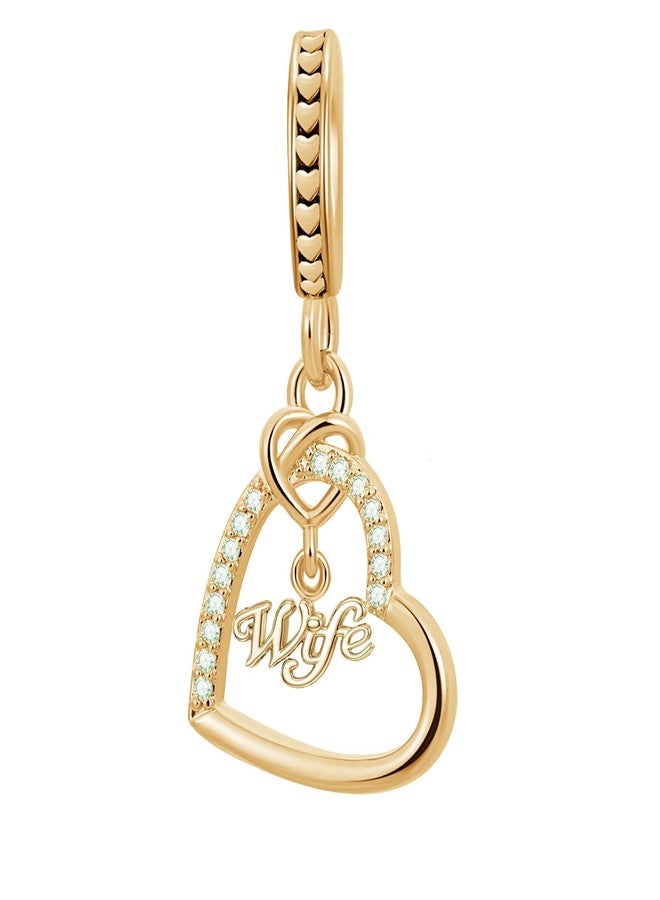 QeenseKc Heart Wife Dangle Charm Cubic Zirconia Bead Compatible with Pandora Bracelet Women Gold - Image 1