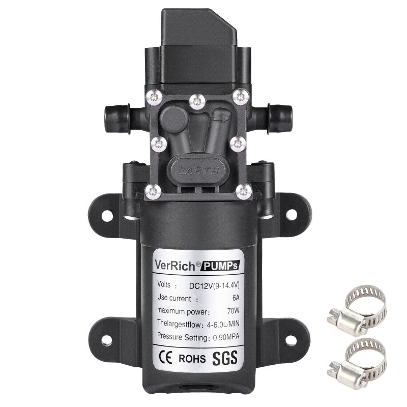 Diaphragm Pump,VerRich 12V Water Pump 70W 6A Intelligent Self Priming Sprayer Pump 6 L/Min 0.9MPA 131 PSI for RV Camper Marine Boat Garden Two Straight Connector