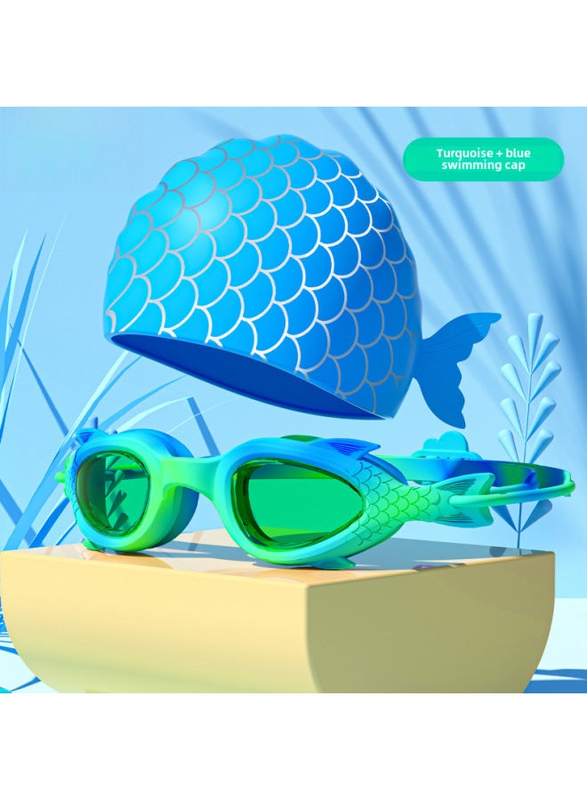 Generic Children's Swimming Goggles Anti-fog Boys And Girls Small Frame Goggles Swimming Training Diving Swimming HD Waterproof Professional Equipment-Color:Green Fish-shaped Cartoon + Silicone Cap - Image 1
