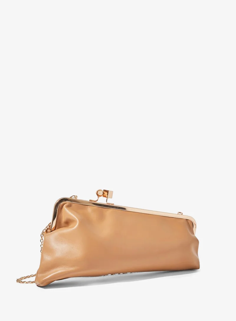 Beige Frame Clutch with Clasp Closure and Chain Strap