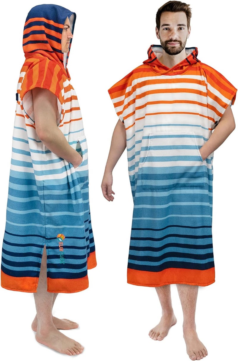 Suncube Surf Poncho Changing Robe with Hood, Thick Quick Dry Microfiber Wetsuit Changing Towel for Surfing Beach Swim Outdoor Sports Men, Absorbent Wearable Towel Cover Up, Orange Blue Stripe - Image 1