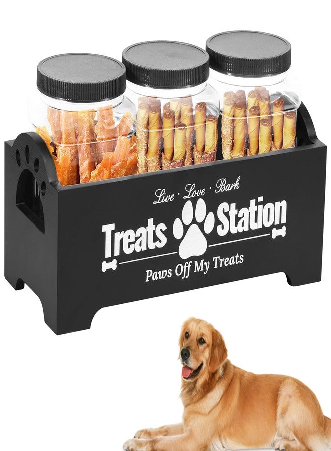 kjcbkcb Dog Treat Container, Food Storage Container with 3 Plastic Dog Treat Jars, Reusable Cat Treat Container, Pet Treat Storage Organizer, Wood Dog Treat Holder, Dog Food Container for Dog Cat(black) - Image 1