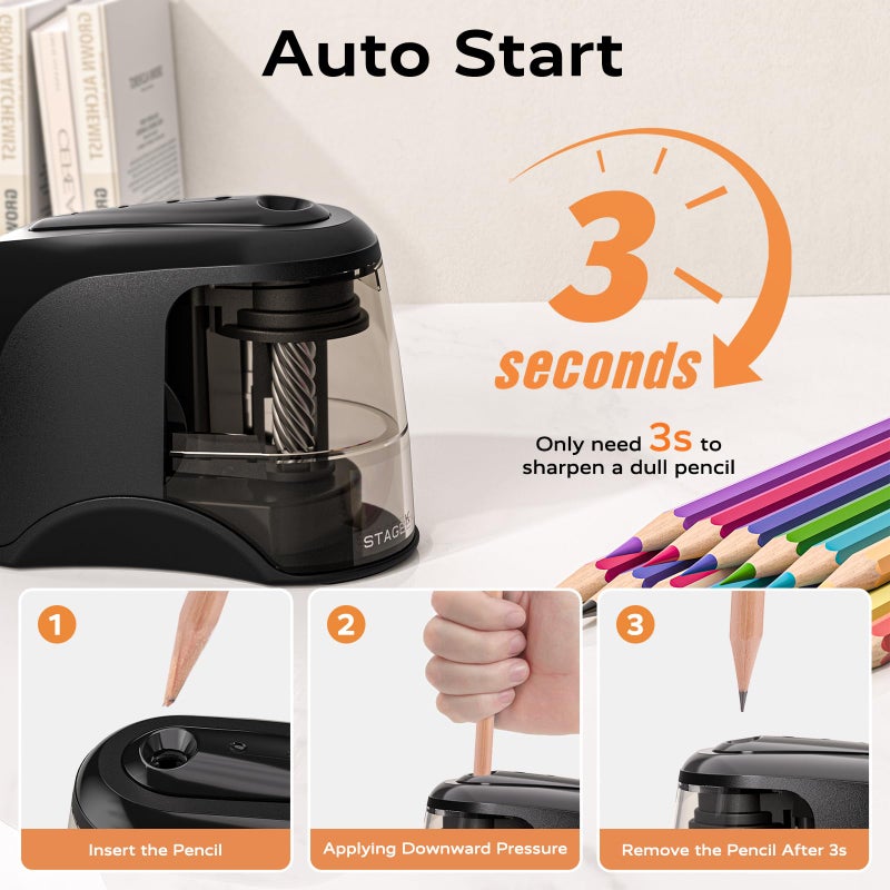 STAGEEK Electric Pencil Sharpener, Plug in or USB/Battery Operated. Fits No.2 and Colored Pencils (6-8mm). Great for School, Classroom, Office and Home(Black) - Image 4
