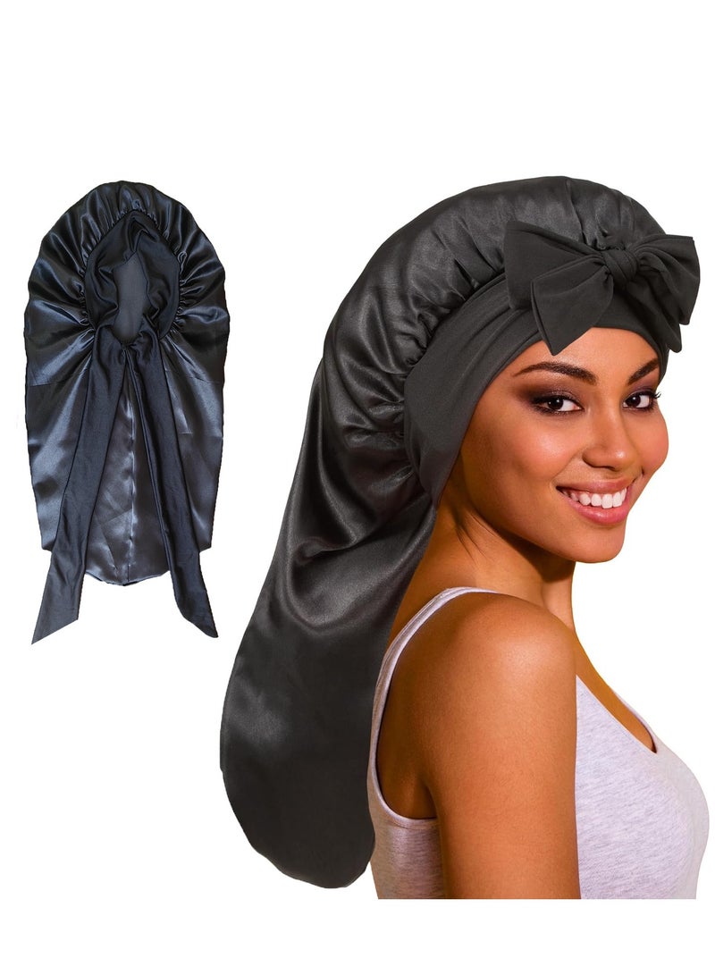 Generic Long Satin Bonnet for Women - Double Layer Elastic Silk Bonnet for Braids Hair Sleeping Cap with Tie Band (Black)  - Image 1