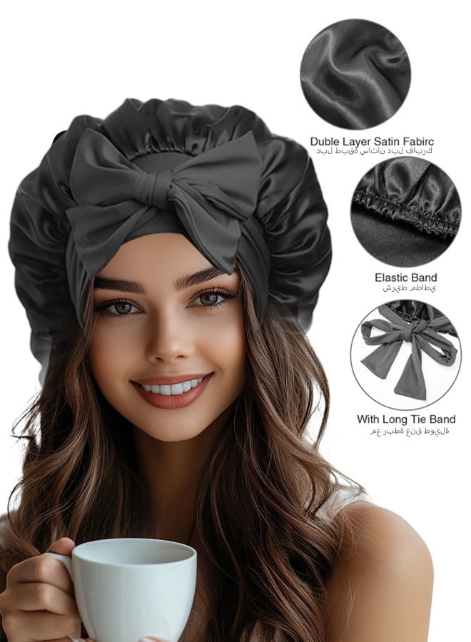 Generic Long Satin Bonnet for Women - Double Layer Elastic Silk Bonnet for Braids Hair Sleeping Cap with Tie Band (Black)  - Image 2