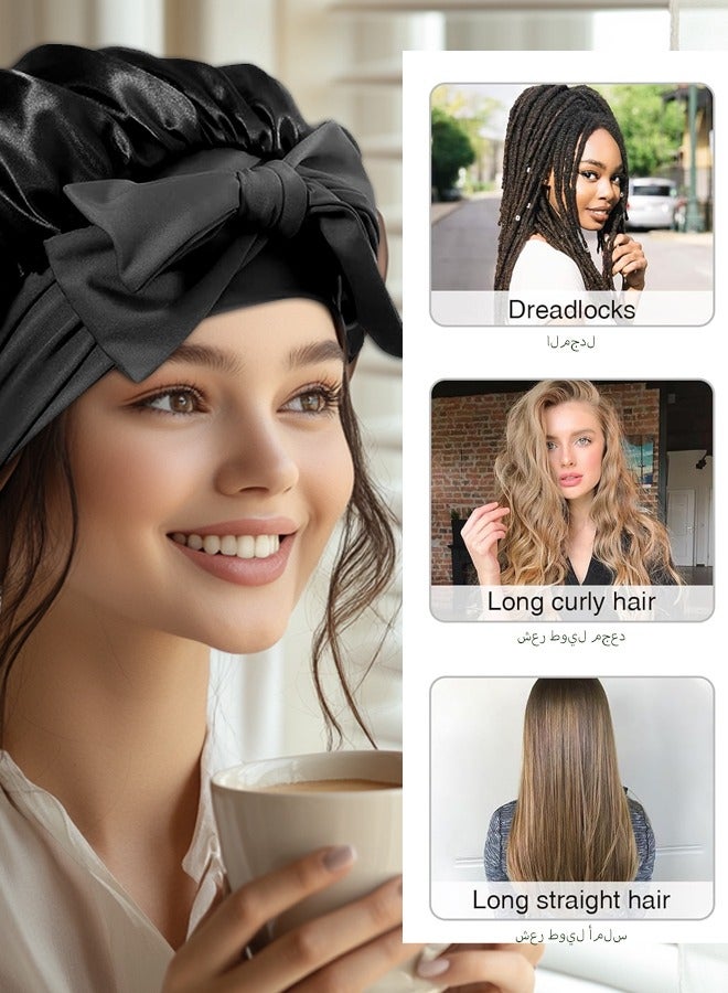 Generic Long Satin Bonnet for Women - Double Layer Elastic Silk Bonnet for Braids Hair Sleeping Cap with Tie Band (Black)  - Image 3