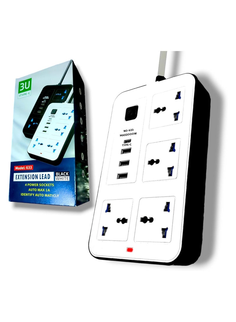 بروفيسور مشترك كهرباء و سلك تمديد عالمي من الاستاذ مع 4 مقابس طاقة و٢ فتحات USB و فتحة TYPE-C بطول ٢ متر، شريط طاقة رباعي الاتجاهات مع فتحة شحن USB نوع C بي دي، وصلة تمديد - ابيض ٢ متر - Image 1