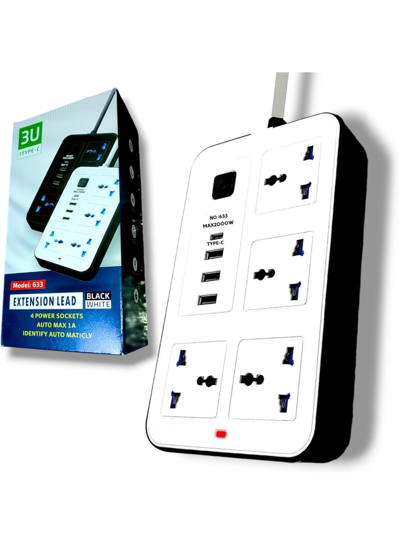 بروفيسور مشترك كهرباء و سلك تمديد عالمي من الاستاذ مع 4 مقابس طاقة و٢ فتحات USB و فتحة TYPE-C بطول ٢ متر، شريط طاقة رباعي الاتجاهات مع فتحة شحن USB نوع C بي دي، وصلة تمديد - ابيض ٢ متر - Image 4