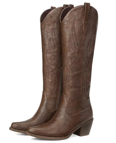Pasuot Brown Cowboy Boots for Women - Wide Calf Cowgirl Knee High Western Boots with Side Zip and Embroidered, Pointed Toe Chunky Heel Retro Classic Tall Boot Pull On for Ladies Fall Winter US 7 - Image 5