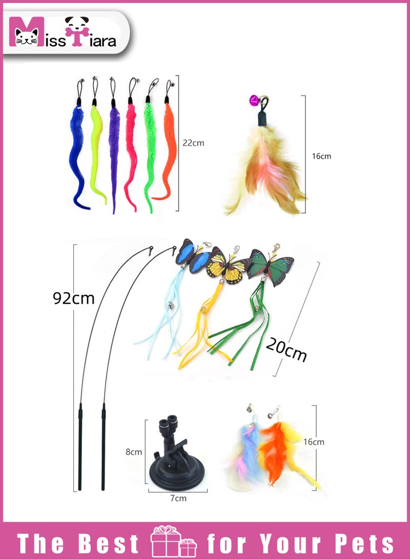 MissTiara Cats Toys Interactive for Indoor Cats Adult Kitten Toys, with 1 Sticky Super Suction Cup Detachable 12 Pcs Cat Toy Feather Butterfly worm toys and  2 Wand Kitten Toys Feather colors assorted - Image 2