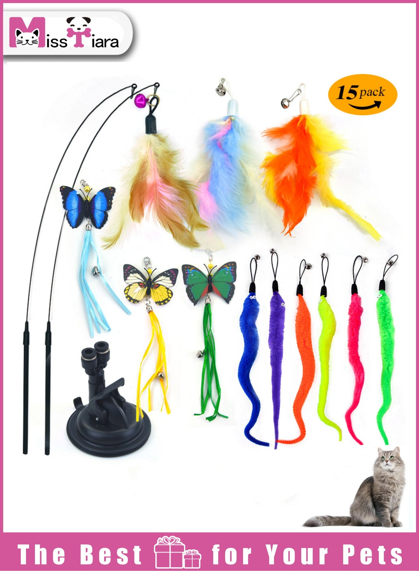 Cats Toys Interactive for Indoor Cats Adult Kitten Toys, with 1 Sticky Super Suction Cup Detachable 12 Pcs Cat Toy Feather Butterfly worm toys and 2 Wand Kitten Toys Feather colors assorted
