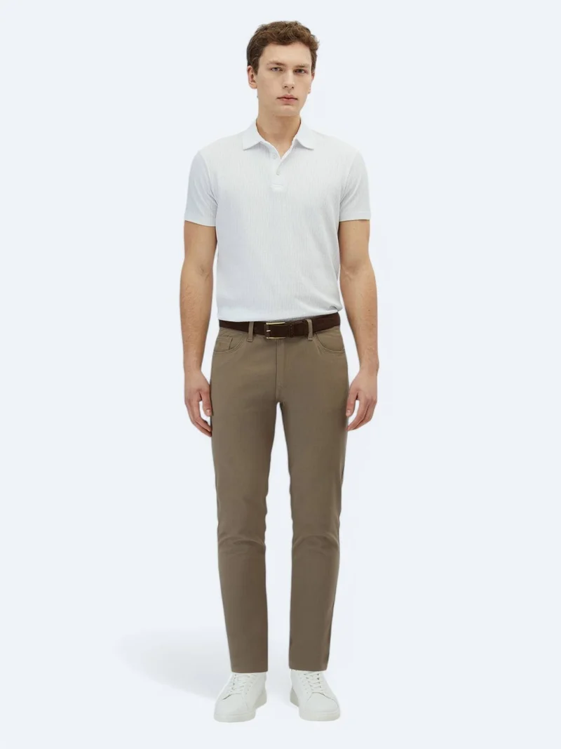 Kip Hazelnut Weaving Slim Fit Casual Cotton Blended Trousers