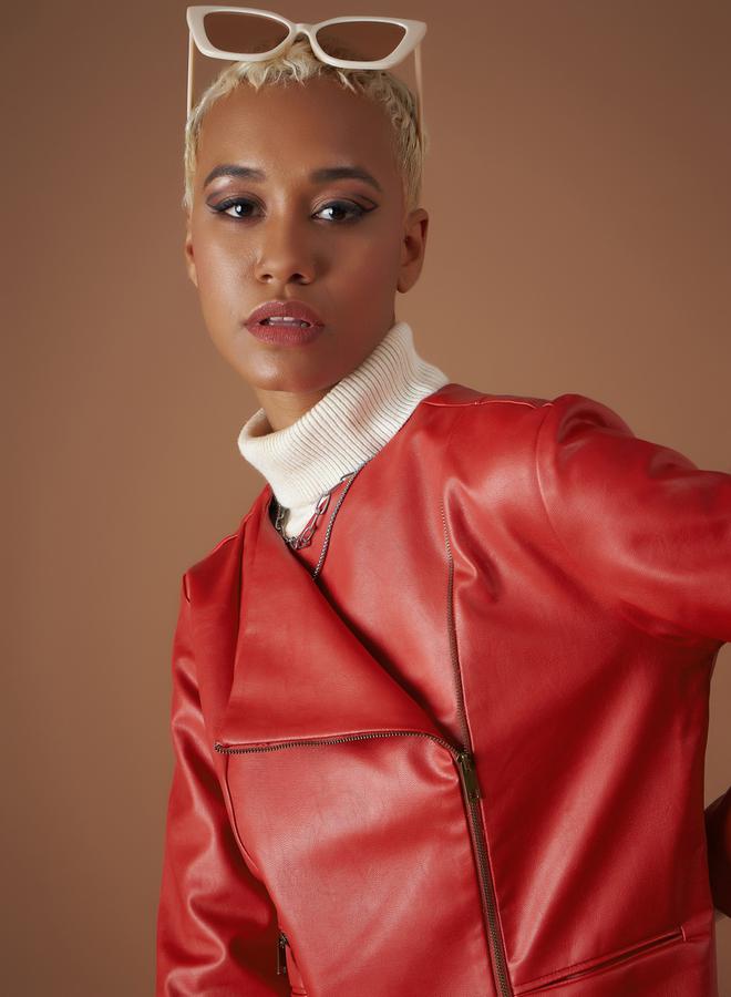 SASSAFRAS Leather Look Wrap Front Biker Jacket - Image 4