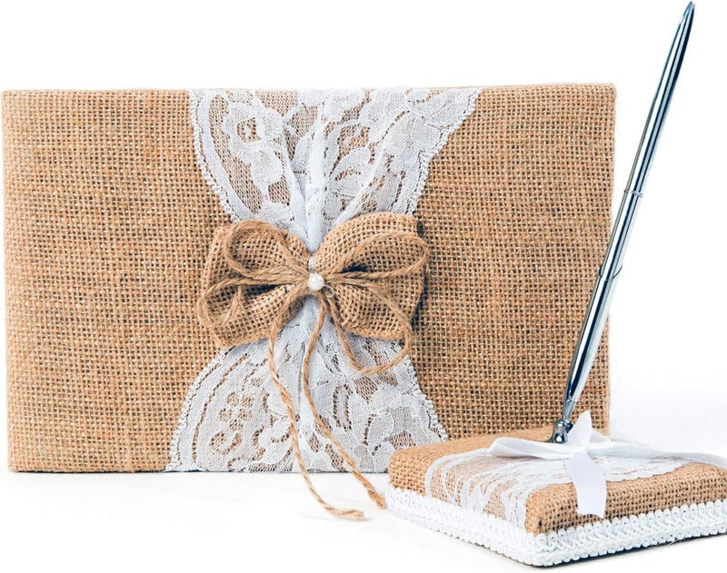 BETTERLINE Rustic Wedding Guest Book Made of Burlap and Lace - Includes Matching Pen Holder and Silver Pen - 120 Lined Pages for Guest Thoughts - Comes in Gift Box (Burlap Bow with Pearl Center) - Image 1