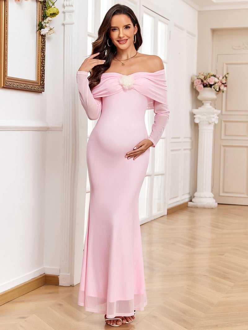 AISWI Maternity Off The Shoulder Mermaid Maxi Dress Mesh Bodycon Pregnancy Dresses Baby Shower Photoshoot with Floral, Pink, Small - Image 3