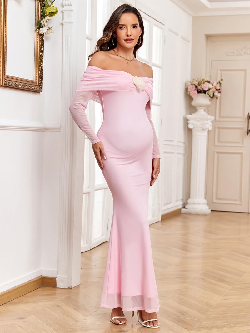 AISWI Maternity Off The Shoulder Mermaid Maxi Dress Mesh Bodycon Pregnancy Dresses Baby Shower Photoshoot with Floral, Pink, Small - Image 4