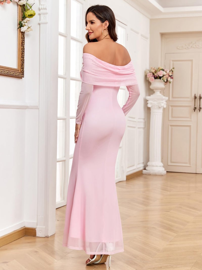 AISWI Maternity Off The Shoulder Mermaid Maxi Dress Mesh Bodycon Pregnancy Dresses Baby Shower Photoshoot with Floral, Pink, Small - Image 2