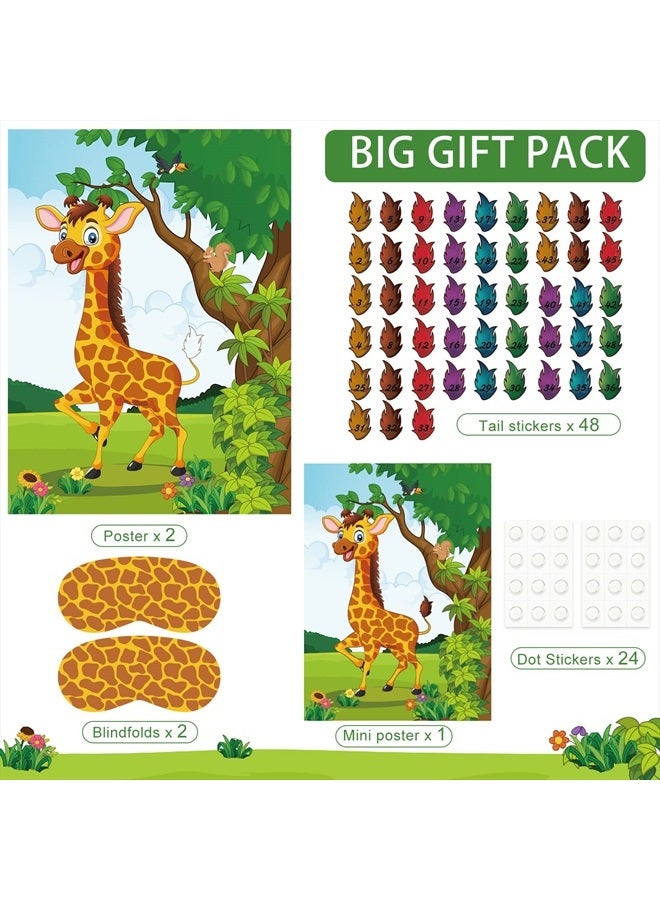 ASTARON 2 Sets Pin The Tail on The Giraffe for Safari Jungle Animal Party Game Zoo-Themed Birthday Party Supplies 2 Posters 21"x 28" with 48pcs Tail Stickers Kids Wall Home Decor - Image 2
