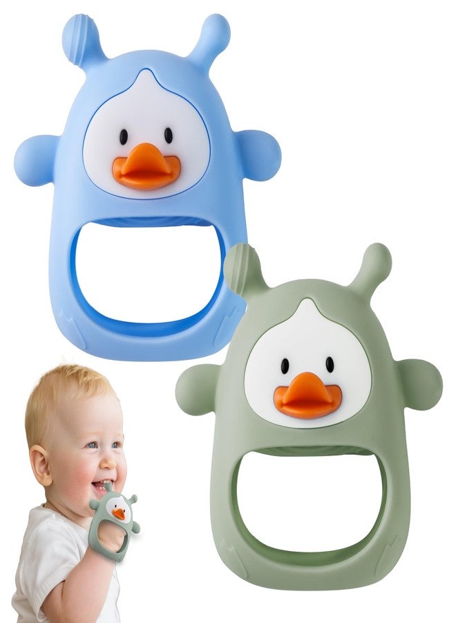 HEOMOONE 2 Packs Baby Teething Toys 3-6 6-12 Months, Food Grade Silicone Teething Mitten, Anti Dropping Wrist Hand Teethers, Never Drop Baby Chew Toys for Sucking Needs, BPA Free (Blue & Green) - Image 1