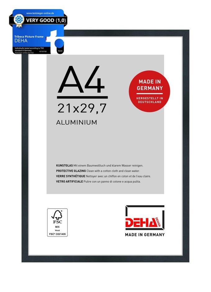 TRIBECA ALUMINIUM PICTURE FRAME BRUSHED BLACK A4 21X297CM WITH PUSH AND TURN CLIPS
