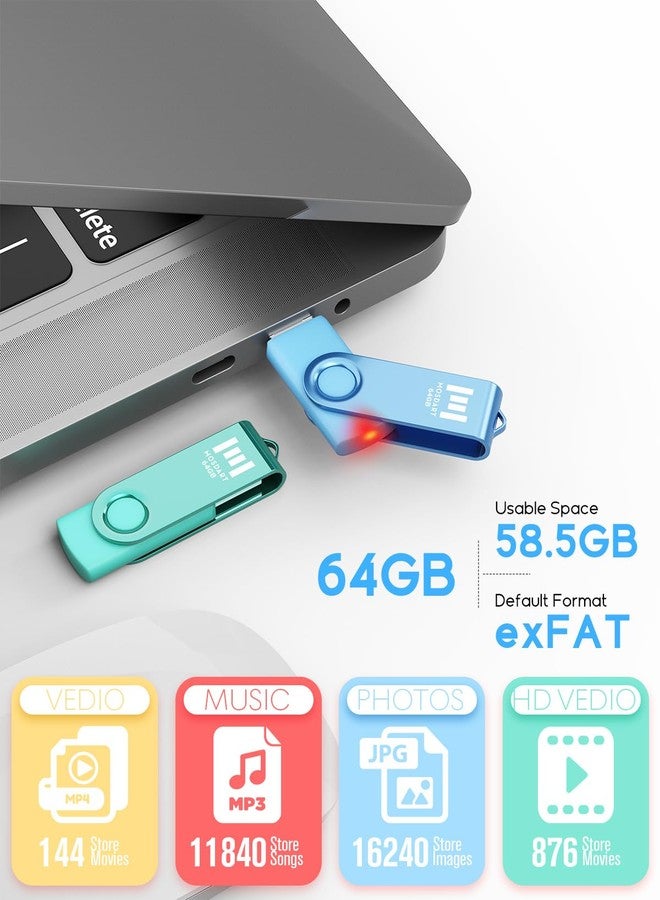 MOSDART 64GB Bright Vivid Color USB Flash Drive 2 Pack, 64 GB Dual Multipack USB2.0 Thumb Drives, Swivel Design with LED Light, exFAT Jump Drive Memory Stick for Computers, Data Storage - Image 4