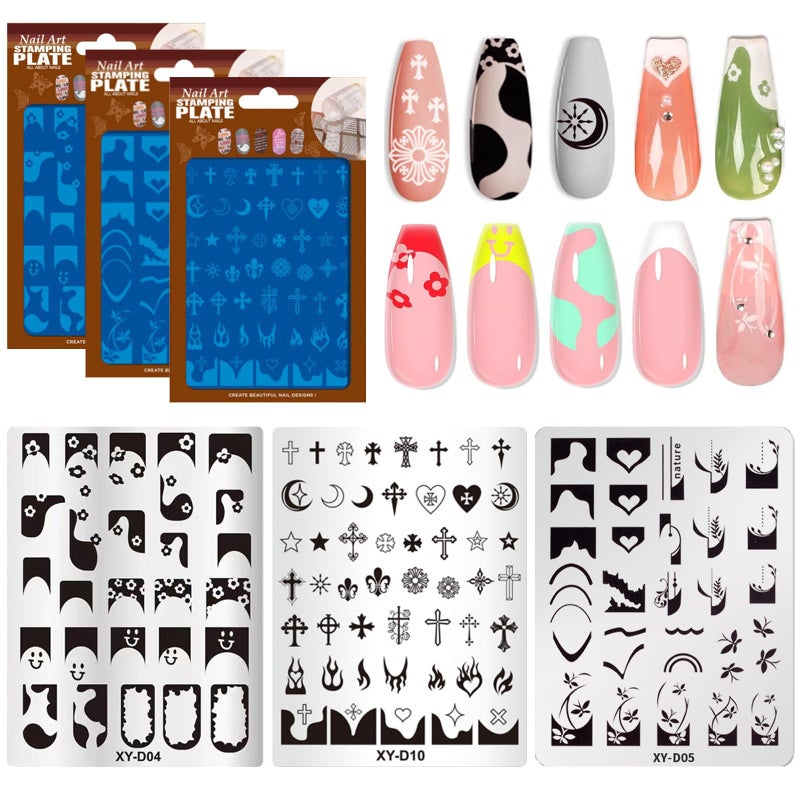 BlueZOO Nail Stamping Plates Set, Moon Star Cross Heart French Line Wave Strips Plants Nail Art Image Stamp Templates Reusable Manicure DIY Printing Tools Home Salon Design Gift, 3PCS,Stainless Steel - Image 1
