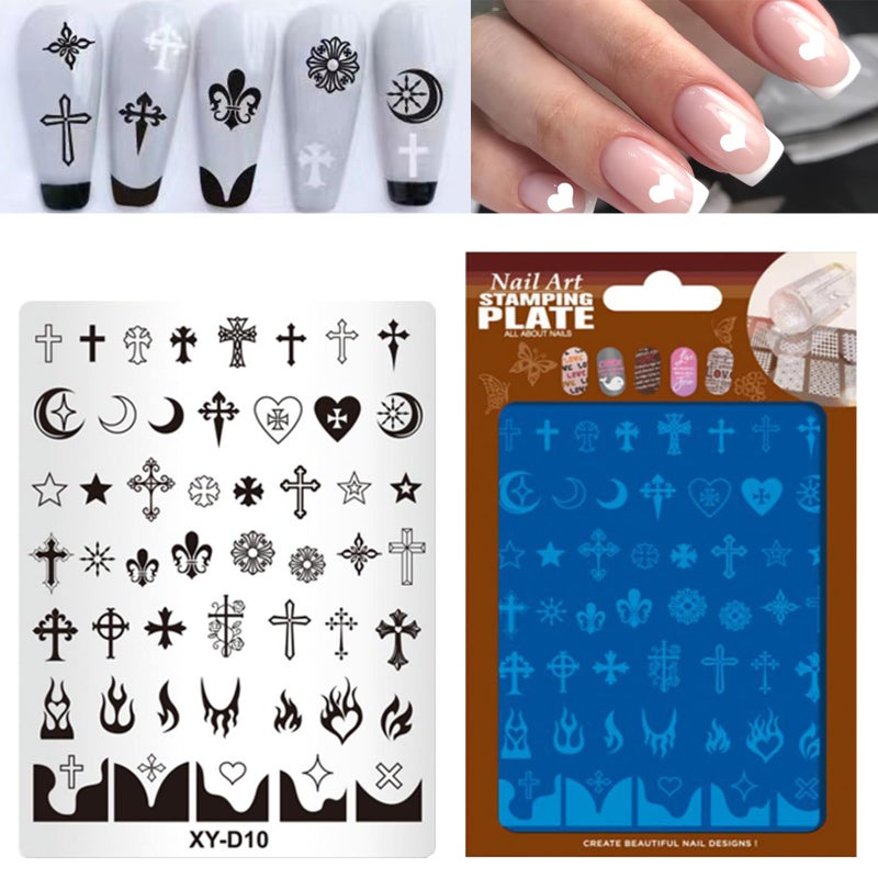 BlueZOO Nail Stamping Plates Set, Moon Star Cross Heart French Line Wave Strips Plants Nail Art Image Stamp Templates Reusable Manicure DIY Printing Tools Home Salon Design Gift, 3PCS,Stainless Steel - Image 5