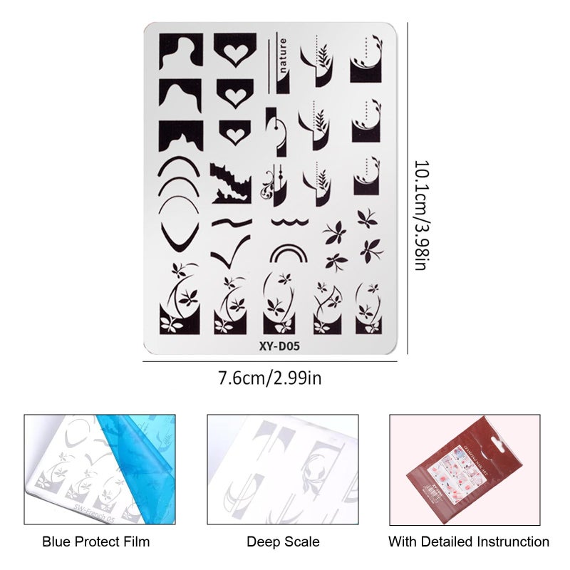 BlueZOO Nail Stamping Plates Set, Moon Star Cross Heart French Line Wave Strips Plants Nail Art Image Stamp Templates Reusable Manicure DIY Printing Tools Home Salon Design Gift, 3PCS,Stainless Steel - Image 2