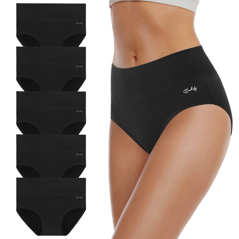 coskefy Women's High Waisted Cotton Underwear Soft Breathable Panties Stretch Briefs Seamless Ladies Panties 5 Pack - Image 1