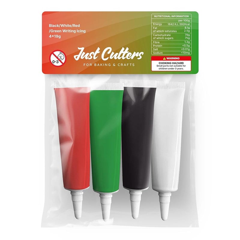 أنابيب تزيين جاهزة للاستخدام من JUST CUTTERS، 4 × 19 جرام، أقلام تزيين فورية للكعك والبسكويت والخبز (أحمر/أخضر/أبيض/أسود) - Image 1