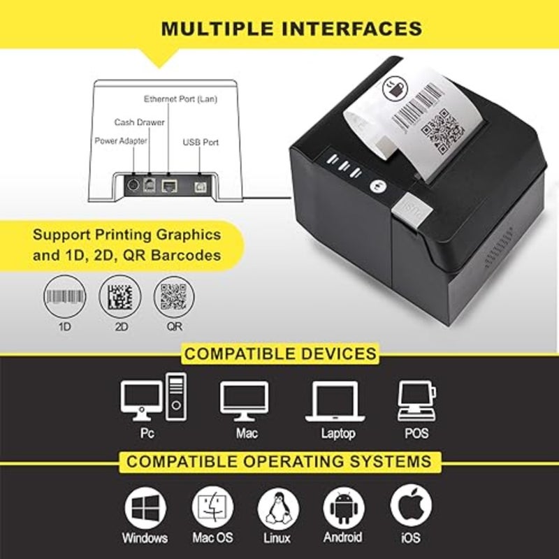 OSCAR POS88C 80 مم طابعة فواتير POS الحرارية USB + إيثرنت مع صفير المطبخ التلقائي، دعم ESC/POS، لون أسود - Image 3