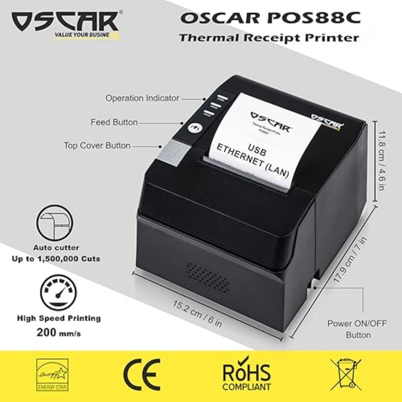 OSCAR POS88C 80 مم طابعة فواتير POS الحرارية USB + إيثرنت مع صفير المطبخ التلقائي، دعم ESC/POS، لون أسود - Image 2