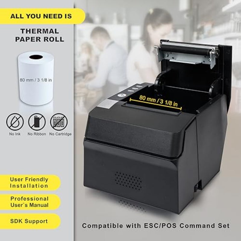 OSCAR POS88C 80 مم طابعة فواتير POS الحرارية USB + إيثرنت مع صفير المطبخ التلقائي، دعم ESC/POS، لون أسود - Image 4