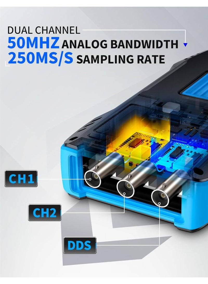 فنيرسي اف ان آي آر اس آي راسم ذبذبات محمول باليد مطور 2C53T، عرض نطاق ترددي 50 ميجاهرتز، مولد DDS رقمي 3 في 1، معدل أخذ عينات 250 مللي ثانية/ثانية، 20000 عدة، الجهد والتيار والمكثف والمقاوم، اختبار الصمام - Image 5