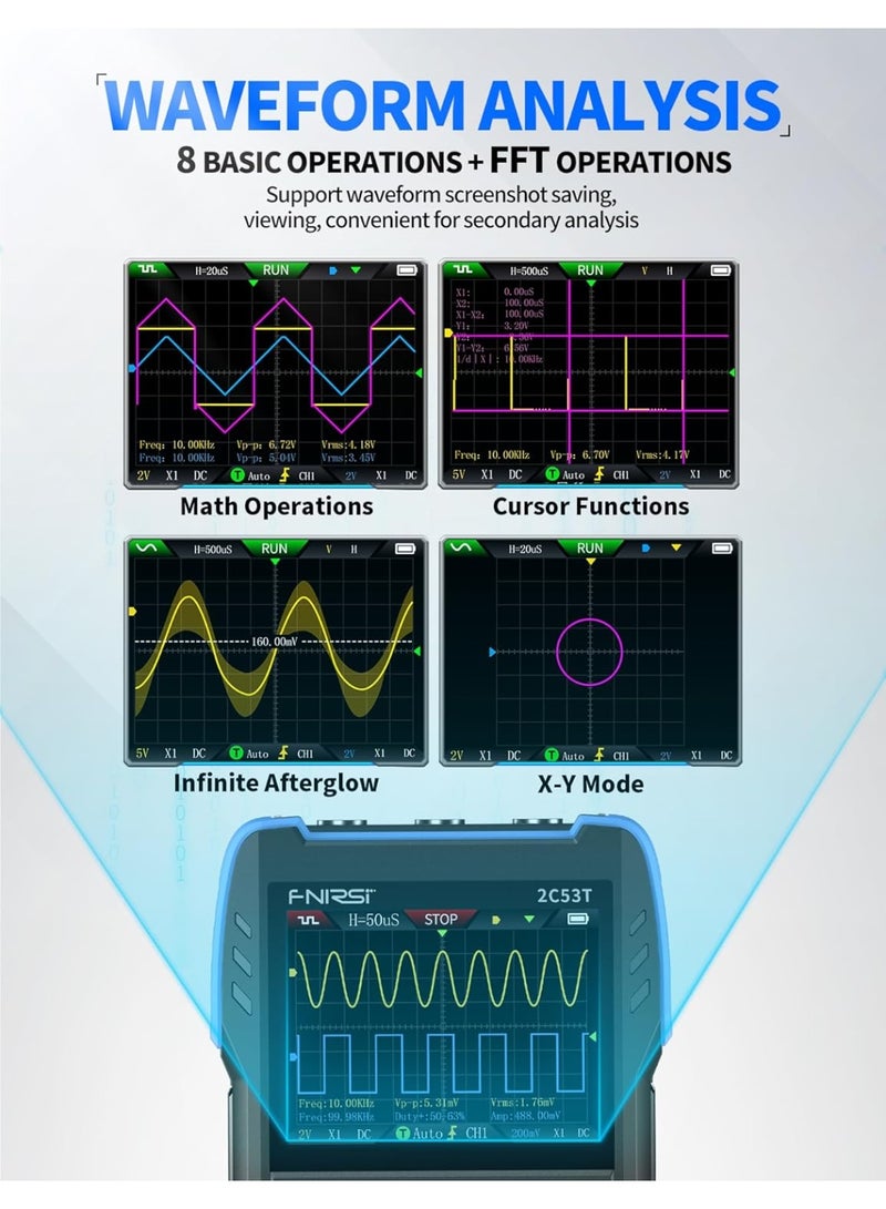 فنيرسي اف ان آي آر اس آي راسم ذبذبات محمول باليد مطور 2C53T، عرض نطاق ترددي 50 ميجاهرتز، مولد DDS رقمي 3 في 1، معدل أخذ عينات 250 مللي ثانية/ثانية، 20000 عدة، الجهد والتيار والمكثف والمقاوم، اختبار الصمام - Image 4