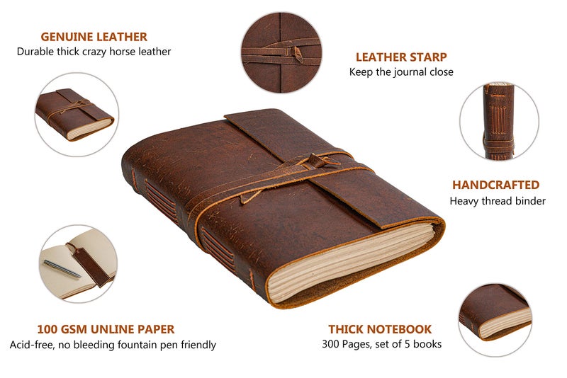 HLC Leather Notebook - Rustic Handmade Vintage Leather Bound Journals for Men and Women - Leather Craft Unlined Paper 300 Pages, Leather Book Diary Pocket Notebook, Diary to Write in (7.5" x 10" Inch) - Image 2