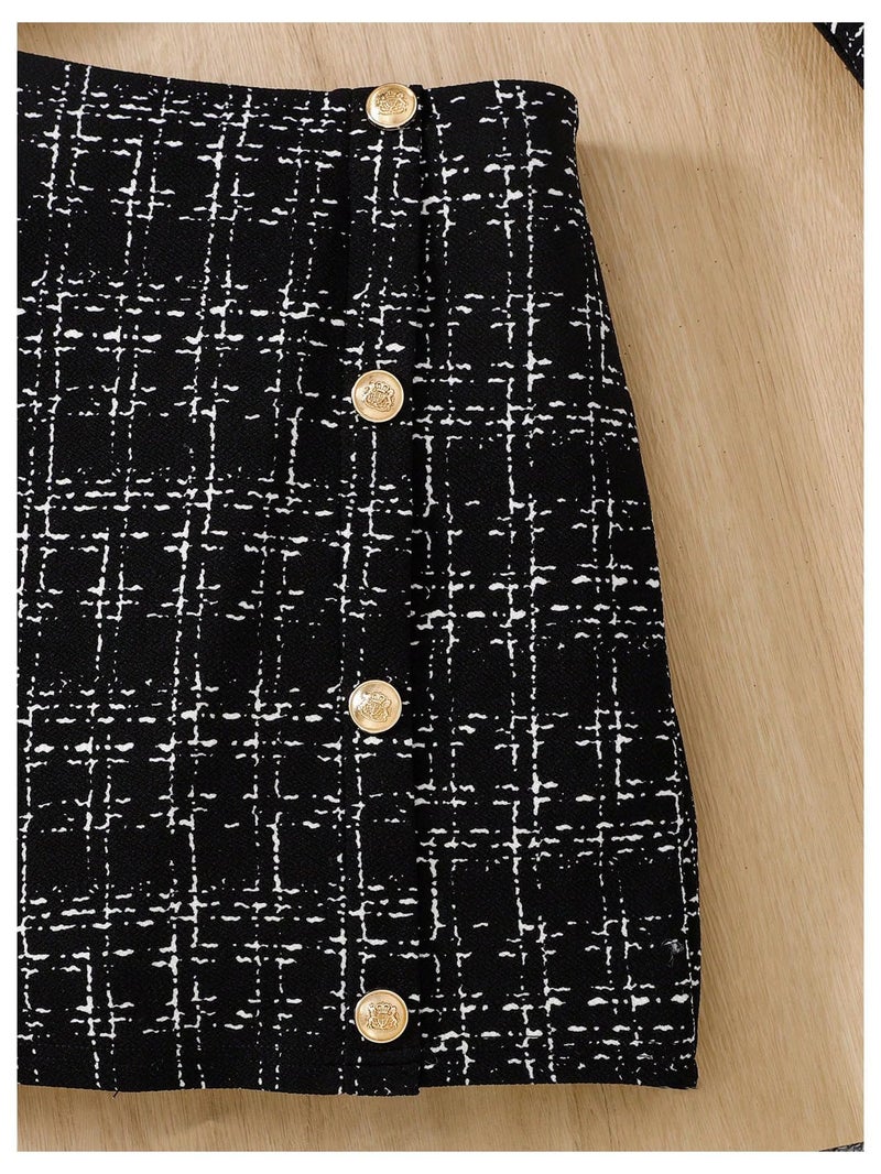 WDIRARA Girl's 2 Piece Outfits Plaid Half Sleeve Jacket and Ruffle Mini Skirt Set Black Tweed 10 Years - Image 5
