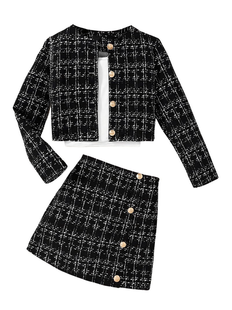 WDIRARA Girl's 2 Piece Outfits Plaid Half Sleeve Jacket and Ruffle Mini Skirt Set Black Tweed 10 Years - Image 3