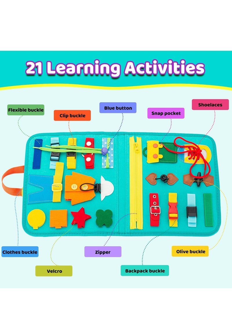 Busy Board, 27 in 1 DIY Portable Felt Dressing Button Learning Board Early Educational Sensory Brain Toys for 1 2 3 4 Years Old Boys Girls Preschoolers(Green)  - Image 3