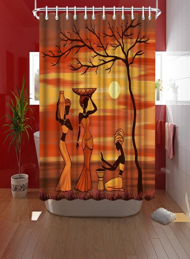 RnnJoile African Woman Shower Curtain Set Traditional African Girls Labouring Under Sunset Tree Curtain African Custom Fabric Bathroom Decor with Hooks 72"X72" Inches Yellow Burnt Orange - Image 2