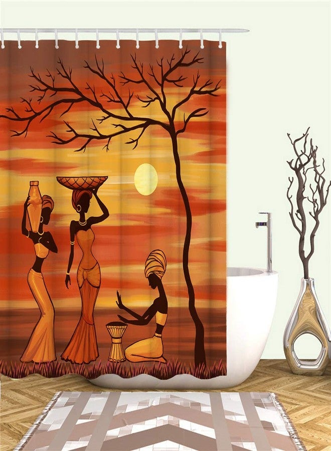 RnnJoile African Woman Shower Curtain Set Traditional African Girls Labouring Under Sunset Tree Curtain African Custom Fabric Bathroom Decor with Hooks 72"X72" Inches Yellow Burnt Orange - Image 1